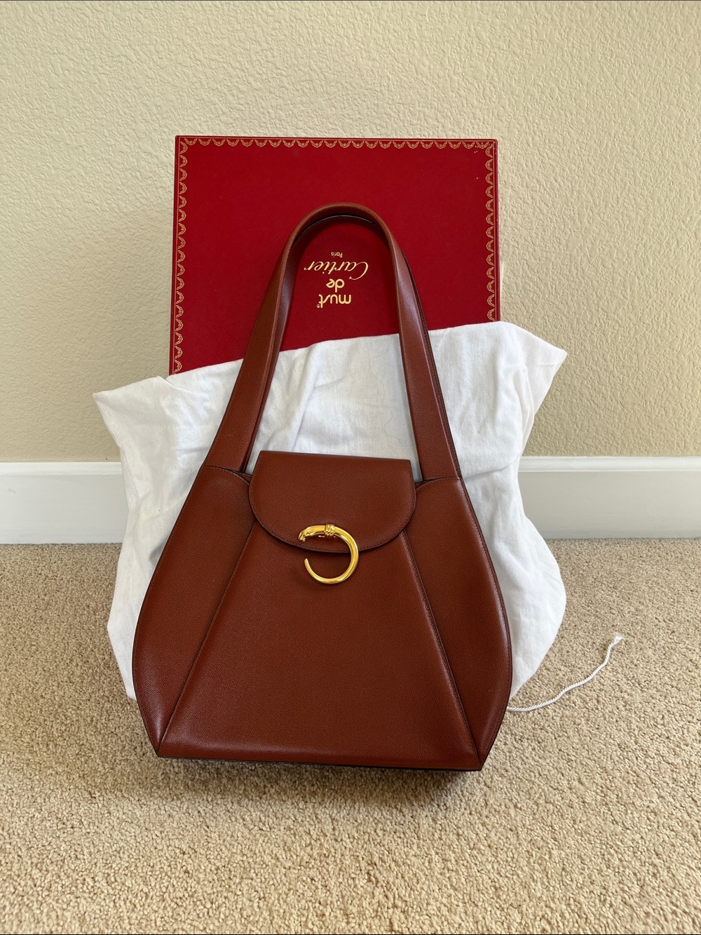 Cartier Chestnut Brown Leather Shoulder Bag with Gold Accent